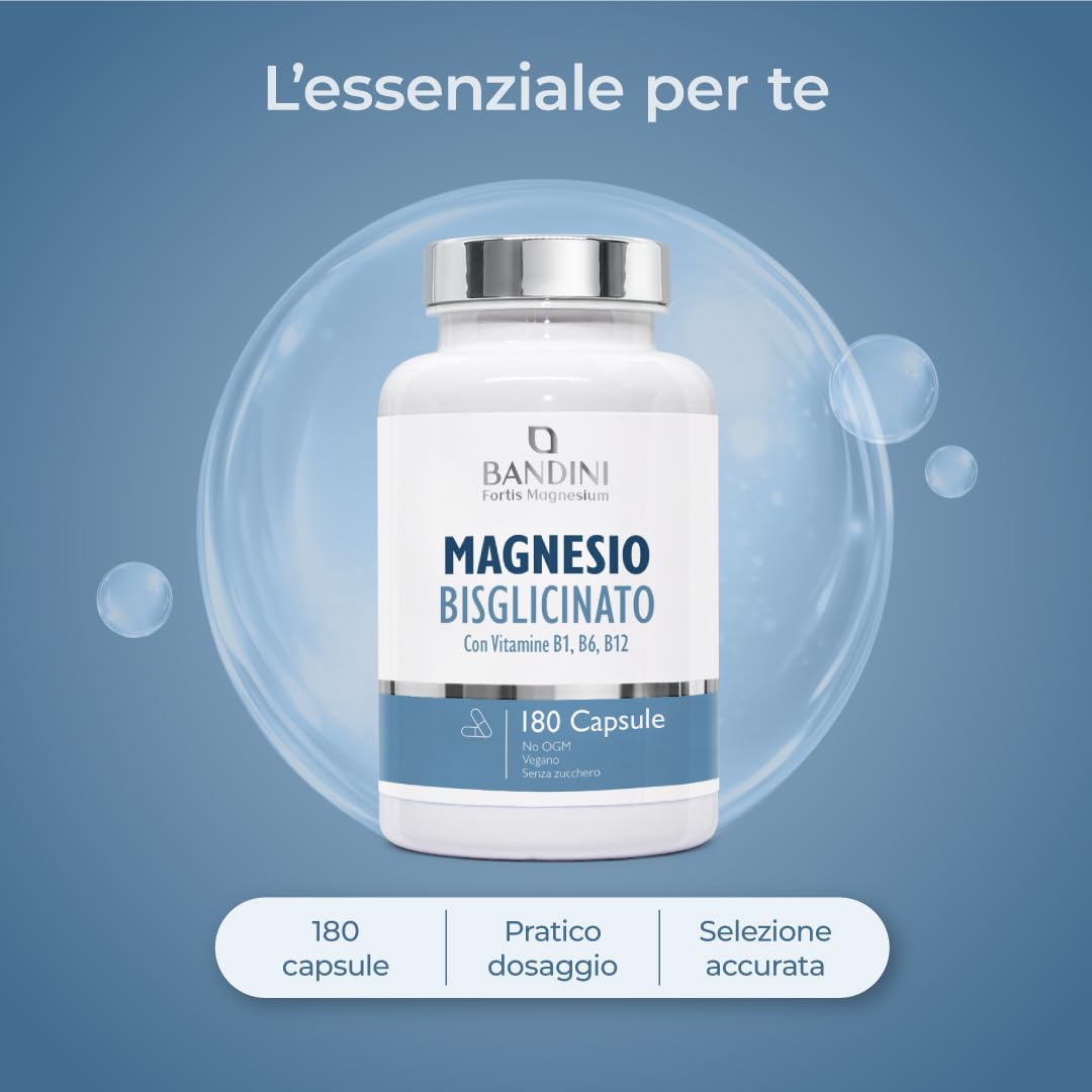 Bandini® Magnesio Bisglicinato 180 Capsule (2 mesi), 350 mg di Glicinato, Chelato per dose arricchito di Vitamina B1, B6, B12 Anti stress e fatica, Integratore per Sistema Nervoso, 100% Vegan