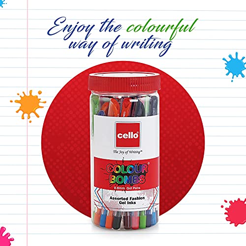 Image of Cello Aspro Mavro Ball Pen | Black Ball Pen | Pack of 50 Colour Bomb Gel Pens | 10 Vivid Ink Colours | Jar of 25 Units