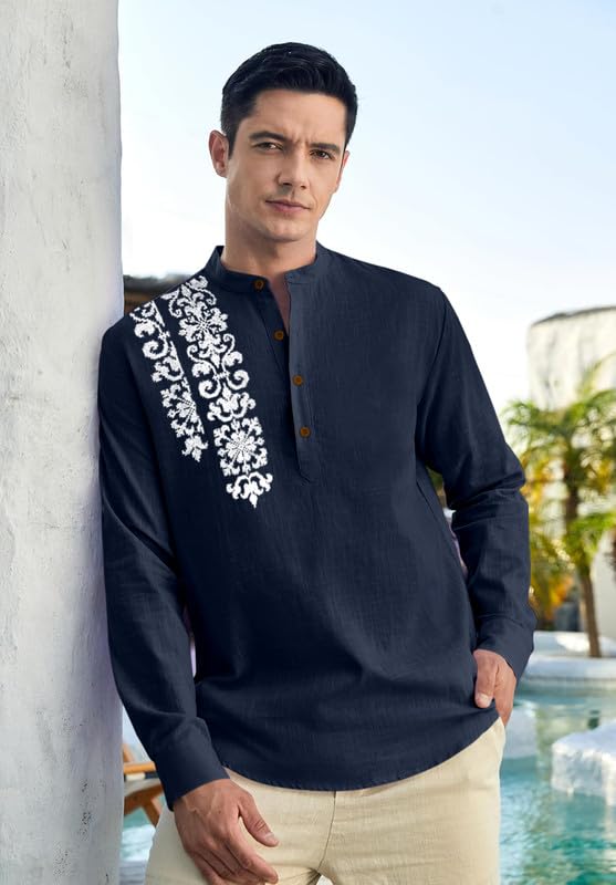 Image of Macsivo Cotton Blend Solid Casual Short Kurta for Men Long Sleeve Mandarin Collar Stylish Shirt Kurta for Men