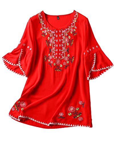 Image of Mexican Shirts Peasant Blouses Cotton Embroidered 3 /4 Sleeve Bohemian Tops Boho Clothes for Women Summer Fiesta