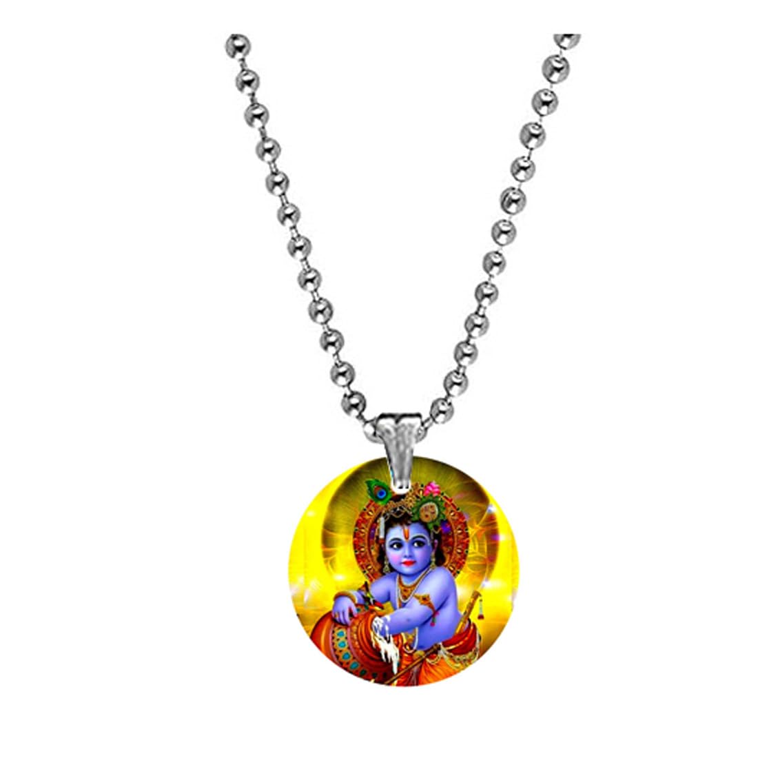 Lord Krishna Eating Makhan Bead Chain Yellow Acrylic Religious Pendant for Men Women Spiritual Devotional Acrylic Charm Hindu Gift Temple Prayer Festival Accessory-image-49