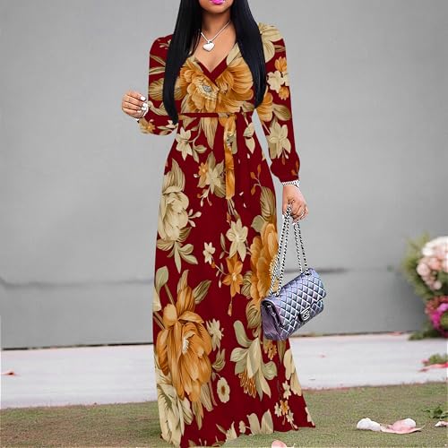 Image of Women Plus Size Long Sleeve V Neck Maxi Dress with Belt | Soft fabric relaxed fit three quarter sleeve v neck with pockets for party and daily wear