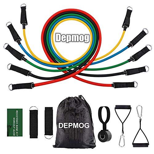 Depmog Juego Bandas Resistencia Fitness 100lbs, 5pcs Tubo Elásticos, 12pcs, Ajustable, Caucho Natural, para Ejercicio en Casa, Gym, Cintas Profecional Yoga con Bolsa Almacenamiento