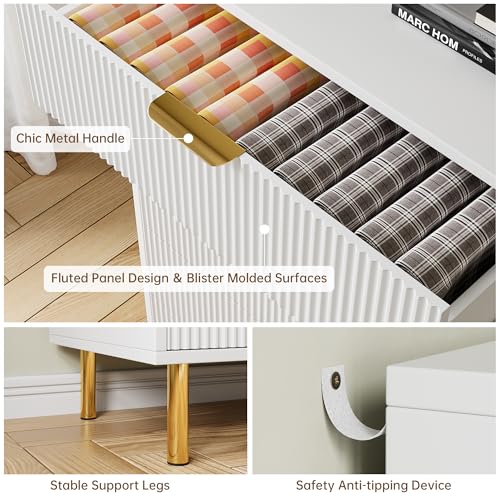 GarveeHome White 3 Drawer Dresser for Bedroom, Large Nightstand Chest of Drawers, Modern Wood Storage Dresser Organizer with Gold Metal Handles & Anti-Tipping Device for Hallway, Entryway