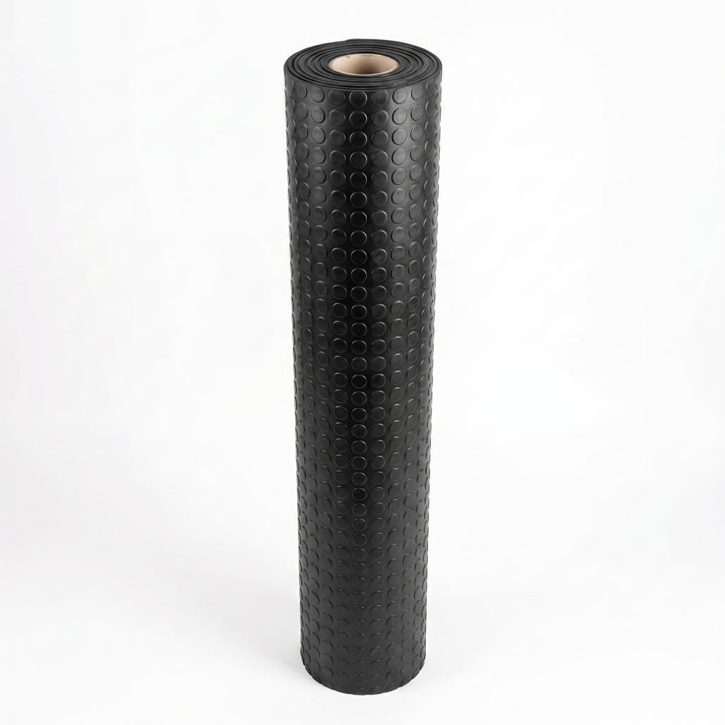 Pavimento Caucho Círculos Negro 1,50x15 m LESTARE | Suelo Goma Botones Antideslizante en Rollo 3 mm para Negocios, Industria y hogar