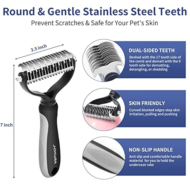 5 in 1 Dog Grooming Kit - Self-Cleaning Slicker Brush for Shedding Short Long Haired Dogs & Cats, Includes Pet Comb, Flea Comb, Bath Brush, Undercoat Rake - Complete Fur Care Set - Gray-cmSNjhxD