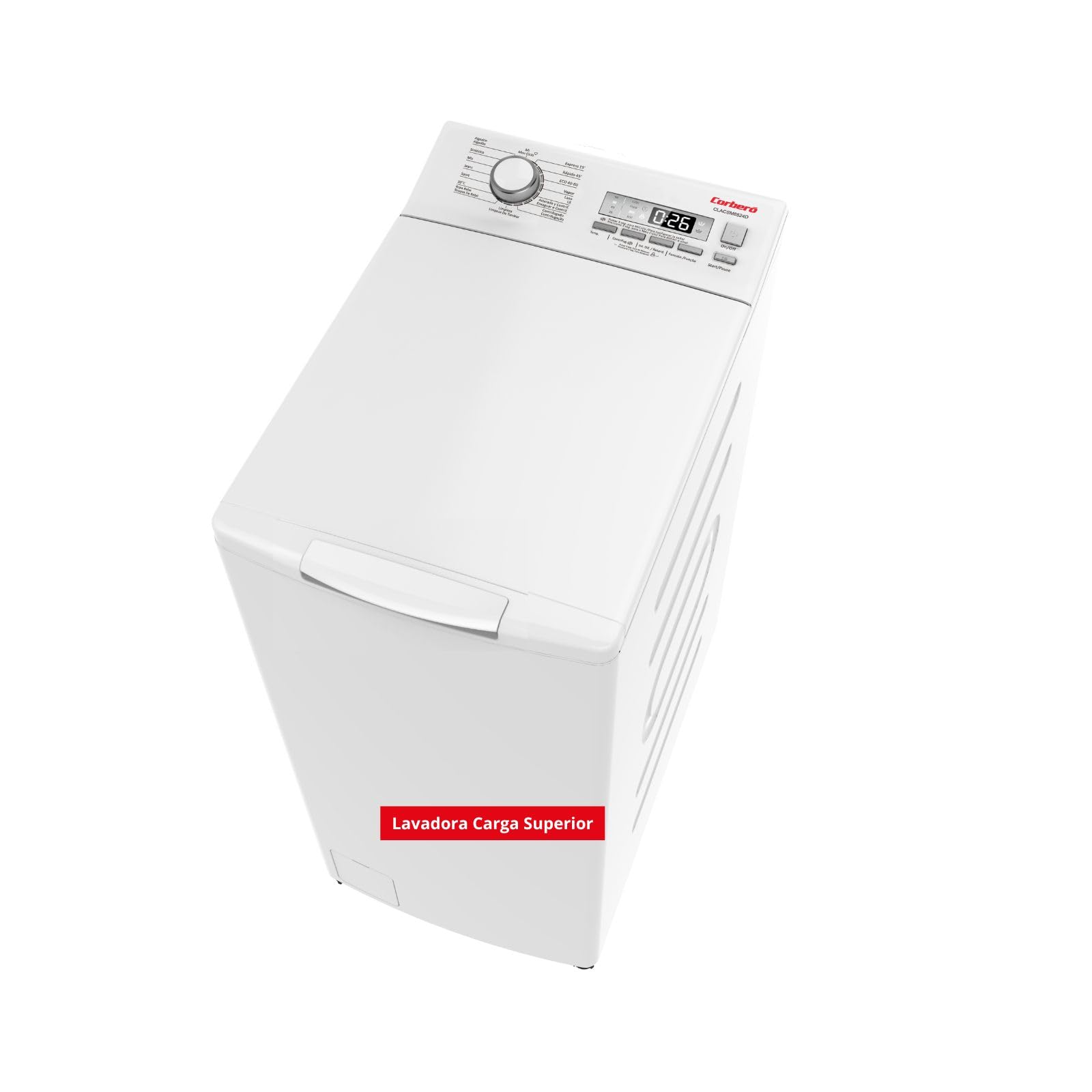 Corbero - Lavadora Carga Superior | CLACSM8524D | Motor Inverter & Tecnología Vapor | Eficiencia Energética A | 16 Programas | Lavado Rápido 15 Min | Inicio Diferido | Blanco | 8 Kg