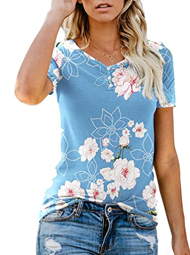 ANIXAY Women's Casual Short Sleeve Henley Button up T Shirt Basic Blouse BoutiqueTops FP Light Blue-X-Large