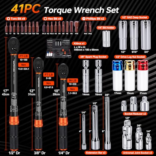 Image of 41PCS Torque Wrench Set 1 /4 3 /8 1 /2-Inch Drive, Complete Click Torque Wrench Kit with Sockets, Bits, Extension Bars & Adapters, ±3% Accuracy 72-Tooth Dual-Scale Wrenches for Bike, Moto, Car, Truck
