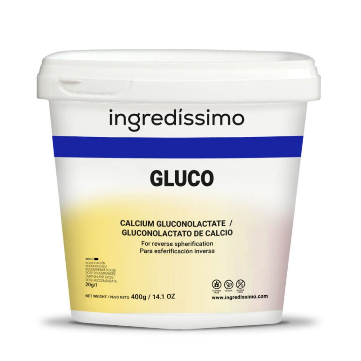 INGREDISSIMO – gluco 400 g – para esferificación inversa – gluconolactato de calcio – vegano – sin gluten – polvo aglomerado blanco – sin sabor – sin olor