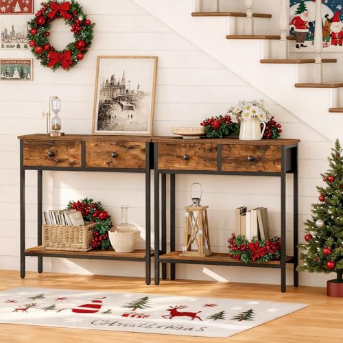 Image of HOOBRO 29.5 inch Narrow Console Table with 2 Fabric Drawers, Small Entryway Table with 2-Tier Storage Shelves, Sofa Table, Behind Couch Table, for Living Room, Hallway, Rustic Brown and Black BF71XG01