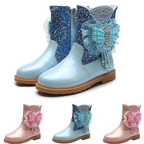Girls Princess Dress Boots Glitter Sequin Pearl Lace Butterfly Non-Slip Boots Low Heel Birthday Party Dress Shoes
