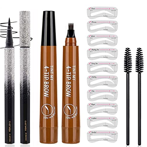 3Styles Eyebrow Tattoo Pencil, Eyeliner Pencil With Eyebrow Powder Long Lasting Waterproof And Smudgeproof With 10 Reusable Eyebrow Stencil (Light Brown/Black) #TOP8