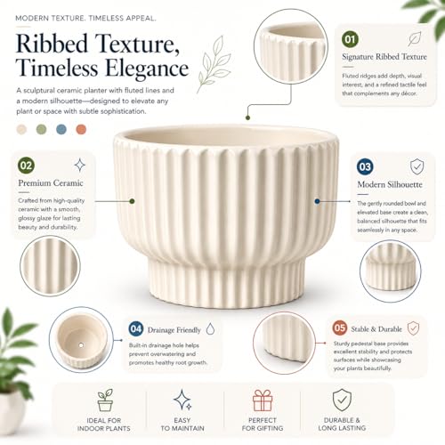 Image of Xtore Graceful Ribbed Ceramic Planter for Indoor Plants & Bonsai Display | Minimal Modern Tabletop Pot for Living Room, Desk & Balcony Styling (Beige, Planter only)