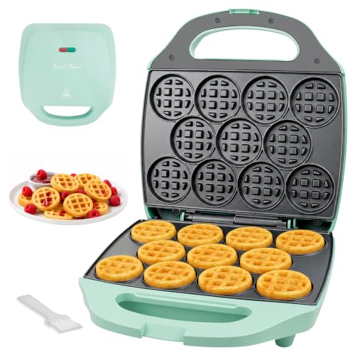 Image of Baker's Friend, Bite-size Mini Waffle Maker for Kids & Adults, Small Waffle Maker Mini Belgian Waffle Machine, 11 X 2.2 inch Tiny Nonstick Waffles Iron, Recipe Included, Aqua