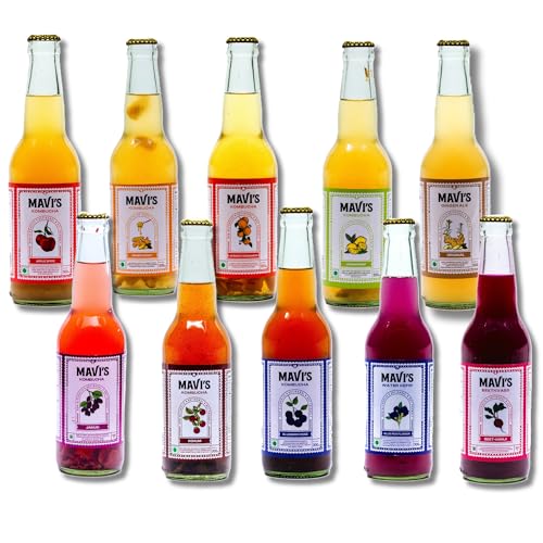 Image of MAVI's Assorted Pack of 10 Fermented Beverages | Kombucha, Water Kefir, Beet Kvass & Ginger Ale | Natural Probiotic Drinks for Gut Health | Refreshing 300 ml Bottles (Pack of 10)