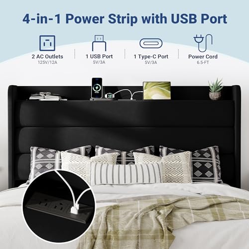 Image of Allewie King Size Upholstered Bed Frame with Charging Station, Black