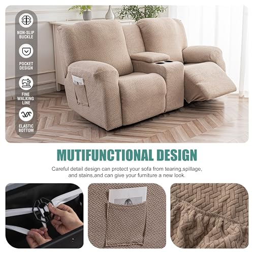 Image of Genina Recliner Loveseat Covers with Console, Stretch Reclining Sofa Covers, 2 Seater Couch Cushion Stripe Jacquard Recliner Slipcovers - Furniture Protector Covers for Pet Kid (Taupe)