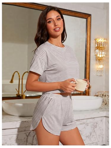 Image of OYOANGLE Womens Pajama Sets 2 Piece Sexy Lounge Sets Summer Cute Pjs Striped Print Tee and Side Split Shorts Set
