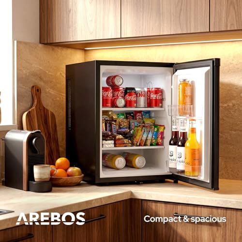 Arebos Mini Lodówka 40L | Cicha Minibarka ≤27 dB | Zamykana Lodówka z LED i Regulacją Temperatury 5–18 °C | Kompaktowa Lodówka Biurowa | Czarna