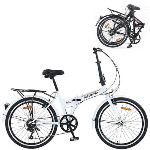 24' Folding Bikes for Adults 7 Speed City Commuting Folding Bicycle with Steel Frame/ Front And Rear Are V Brakes Compact Folding Bike for Adults Men and Wome No Assembly Required (White, 24 Inch)