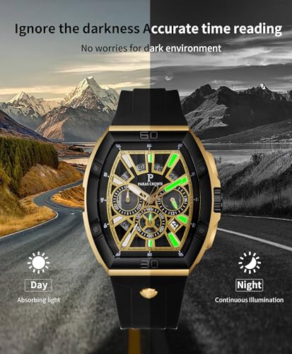 PC PARAS CROWN Mens Watches Analog Quartz Luxury 50M Waterproof Tonneau Watches for Men Japanese Movement Stainless Steel Case Luminous Sport Watch - Image 6