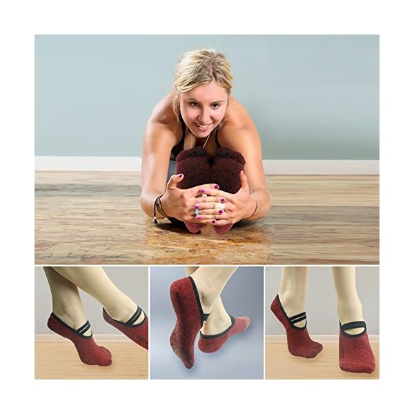 Yoga-Pilates-Grip-Socks-RANDY-SUN-Womens-Gift-Exercise-Sock-for-Ballet-Barre-Non-Slip-with-Silicone RANDY SUN Yoga Pilates Grip Ballet Style Socks, Women's Home Exercise Equipment Ideal for Pure Barre, Dance, Pilates, Barefoot Workout with Non Skid Grips Pack of 3 Dark Red&Light Grey&Black