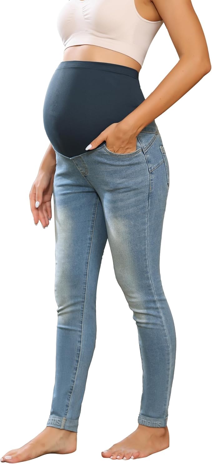 Maacie Umstandshosen Lange Elastisch Jeans für Schwangerschaft Bequem Jeans Frühling Sommer Blau M