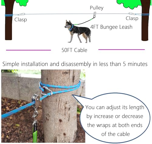 Dog Tie Out Cable for Camping, Dog Trolley System and 4ft Bungee Leash for Dogs Up to 400lbs, Suitable for Camping, Yard and Outdoor Events (Blue25, 50Ft) by SIAELT - Image 2