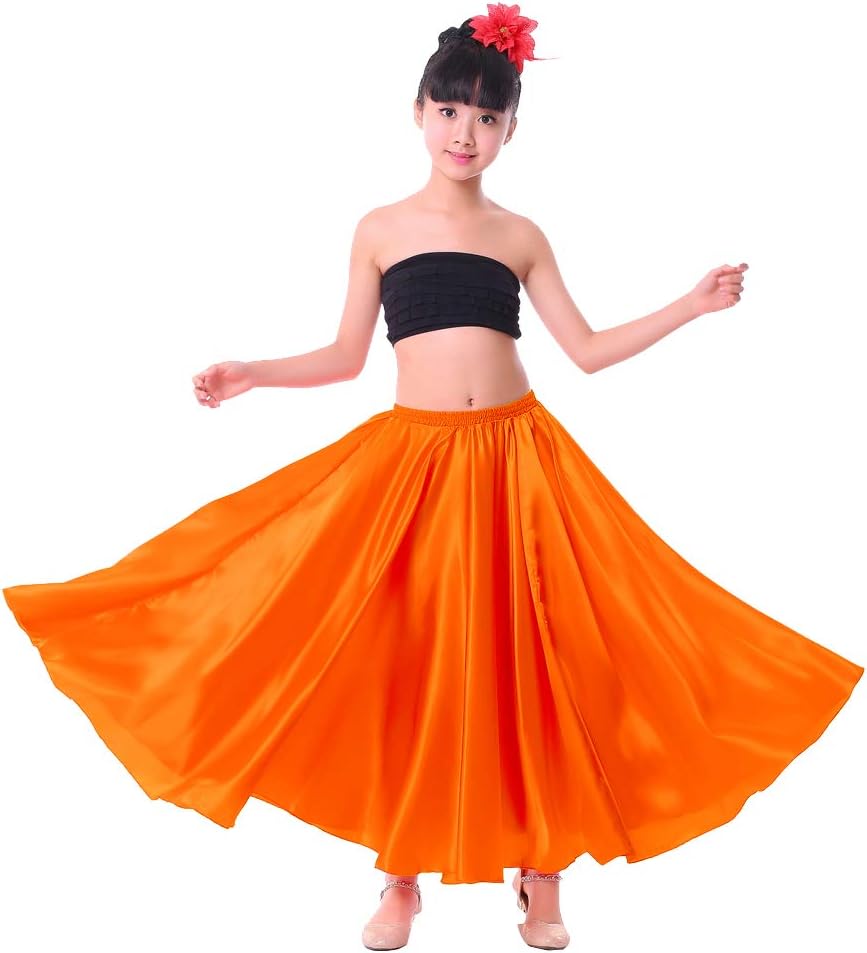 Backgarden Girls Stretched Flowy Satin Long Skirt for Princess Costume Dress up Halloween Flamenco Dance Performance (3T-4T, Orange)