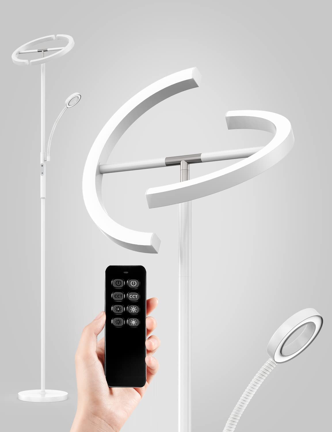 Anten Taurus | 20W Lámpara de Pie Regulable con 7W Lámpara de Lectura Flexible, 3 Temperaturas de Color Ajustable, con Mando a Distancia, para Salón, Dormitorio, Estudio, Oficina -Blanco