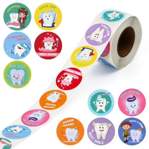 BOXOB 500 Uds Pegatinas Dentales, 2,5cm Redondas Bonitas Pegatinas de Dientes Premios Dentales para Niños Regalos Fiesta Suministros Manualidades para Escuelas Profesores Regalos de Clínicas