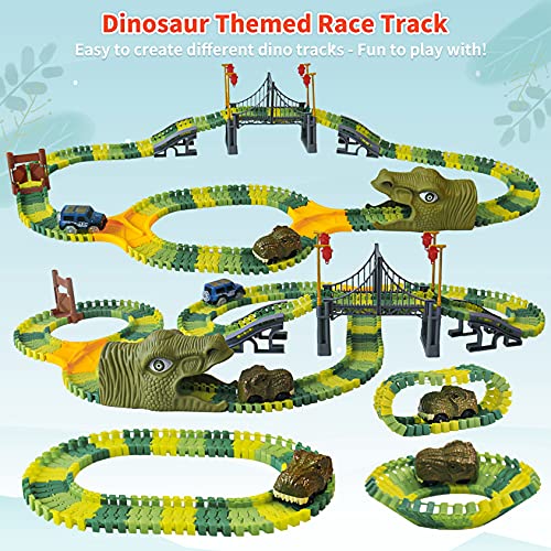 Image of IQKidz Dinosaur World Race Track Toys - 216pcs Flexible Track Playset with 1 Dinosaur Car, 1 Race Car, 6 Dino Toys, for Kids 3 4 5 6 Year & Up Old (Boys and Girls)