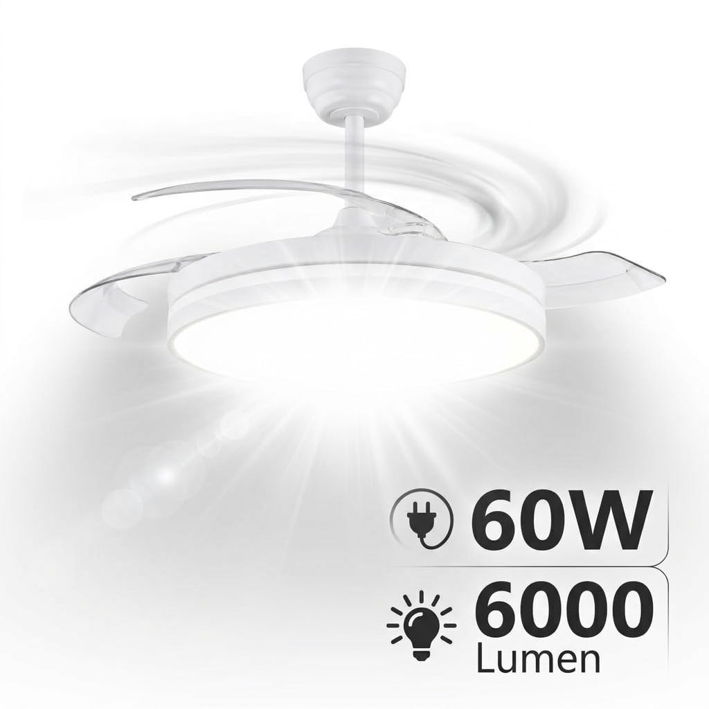 MAKA Ventilatore Ultra Silenzioso da Soffitto con Luce Led 60 watt, 6 Velocità - 3 Pale PVC Reversibili - Motore 30 watt - 220V IP20, Plafoniera Dimmerabile (Luce 60 w - Motore 30 w)