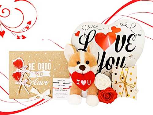 Regalo para Aniversario - Caja Sorpresa con 5 Detalles Románticos en un pack - Regalo Original Para el/ella - Oso de Peluche con Corazón, Rosas, Piruletas, Pulseras infinito y Globo Te Quiero