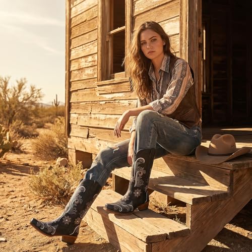 Image of IUV Cowboy Boots For Women Mid Calf Cowgirl Boots Embroidered Pull-On