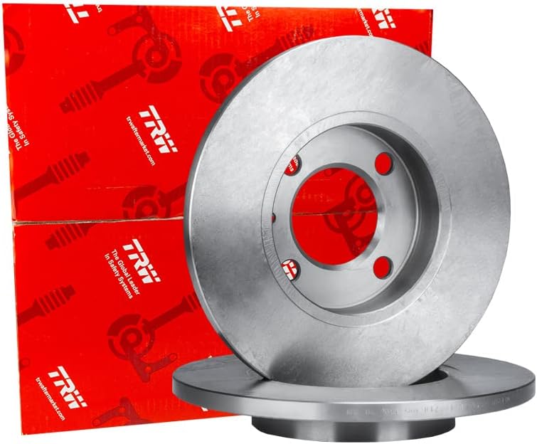 Two TRW DF1707 brake disc rotors in front of red TRW branded boxes.
