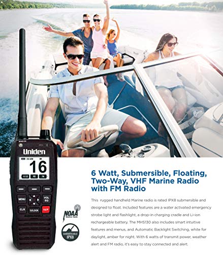 Image of Uniden MHS130, 6-Watt Waterproof Floating Handheld VHF Marine Radio w /NOAA Weather Alerts and FM Radio, IPX8 Submersible, Automatic Backlight Switching - White for Daylight & Amber for Night, Black