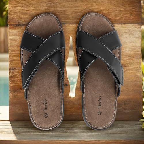 Image of Mens Adjustable Slides Cross Napa Leather Open Toe Sandals Soft Memory Foam Slip On Sandlas Classic Dress Slides Summer Beach Comfy Slippers Rubber Non Slip Sole Black EU42 /US9