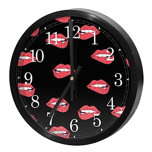 Horloge murale silencieuse cadeau original maison cuisine design lèvres rouges sur noir - 2