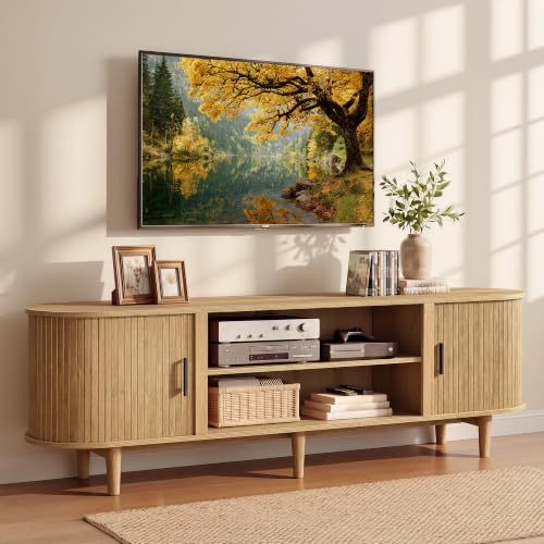 VASAGLE TV Stand for 80-Inch TVs, Mid Century Entertainment Center with Storage, Fluted Sliding Doors, Media Console Table for Living Room, Bedroom, Sand Brown ULTV634K201