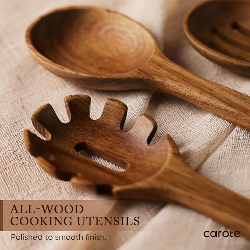 CAROTE Wooden kitchen Utensils Set, Acacia Wood 8pcs Cooking Utensil Set for Nonstick Cookware, Long-lasting Wooden Spoons for Cooking, Spatula, Turner - Image 4