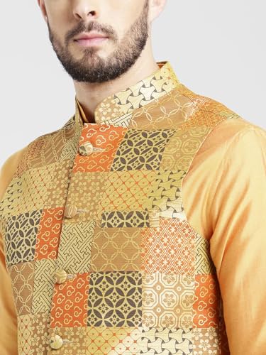 Image of KISAH Men Printed Kurta Jacket Set, Full Sleaves, Knee Length, Straight, Regular Fit, Mandarin Collar Ethnic Wear