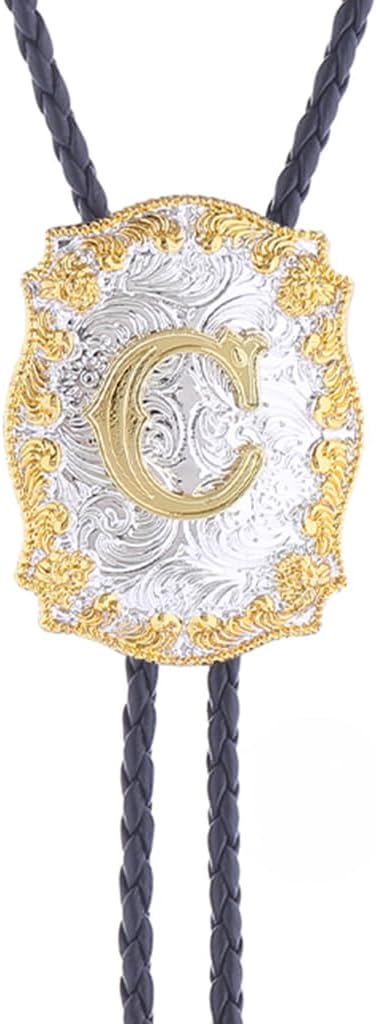 Bolo Tie for Men Initial Letters A-Z Bolo Tie Western Texas Rodeo Cowboy Tie Golden Leather Necktie Necklace - Image 3