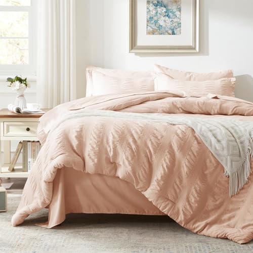 Image of Zzlpp Full Comforter Set 7 Pieces, Pink Seersucker Bed in a Bag with Comforter and Sheets, All Season Bedding Sets with 1 Comforter, 2 Pillow Shams, 2 Pillowcases, 1 Flat Sheet, 1 Fitted Sheet