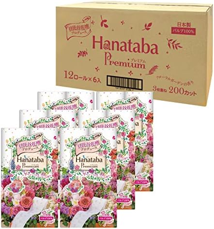 Made-in-Japan Hanataba Premium Toilet Paper, 12 Rolls, 3-Ply Bath Tissue, 6 Packs of 12 Rolls, 200 Sheets per Roll
