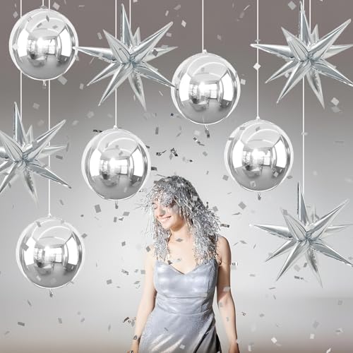 Image of 9 Pcs Silver Round Foil Balloons and Star Balloons 22 /18 4D Ball Balloon Metallic Silver Explosion Star Shaped Mylar Balloon for Graduation Birthday Wedding Anniversary Disco Prom Party Decor
