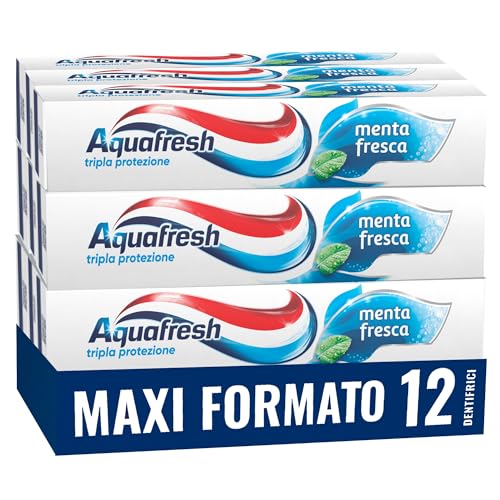 Aquafresh Dentifricio Tripla Protezione, Denti Forti, Gengive Sane, Smalto Rinforzato, Alito Fresco, Gusto Menta Fresca, Pacco da 12 x 75ml