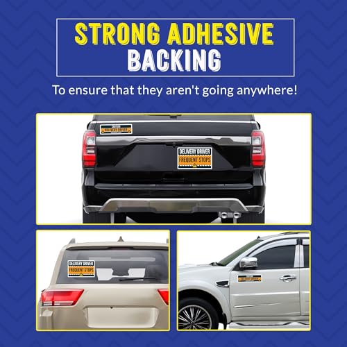 Image of Caution Delivery Driver Frequent Stops Bumper Sticker, 3 Pack, Adhesive Sticker for Vehicles, Two 12x8 inch and One 3x10 inch, Decal for Delivery Cars, Trucks, Van, Full-Color Print, Made in USA