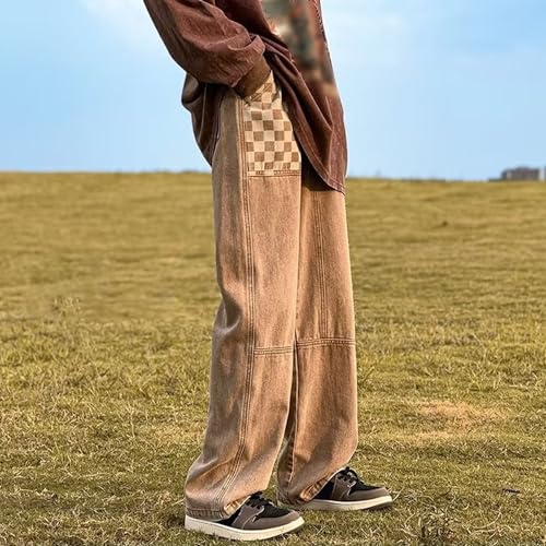Maiyifu-GJ Men's Checkered Patchwork Jeans Wide Leg Retro Denim Pants Straight Leg Baggy Hip Hop Streetwear Jean Trousers2